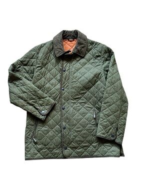 Barbour Liddesdale Quilted Jacket Olive Orange Lining Corduroy Collar Size L